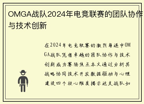 OMGA战队2024年电竞联赛的团队协作与技术创新