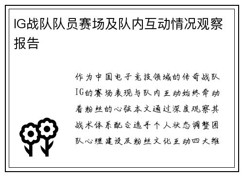 IG战队队员赛场及队内互动情况观察报告